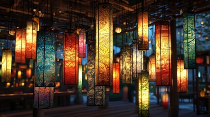 Illuminated Hanging Lanterns with Colorful Designs.