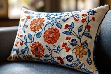 Embroidered pillow, floral pattern, beige, orange, blue.