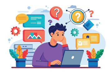 A person sits at a desk with a laptop, looking for solutions to internet troubleshooting problems, Looking for internet trouble solutions