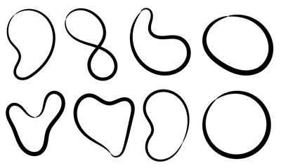 Set abstract wavy ellipse line, rounded line shapes, black wavy outline blobs, organic curved frames, modern minimal design. Thick circular ellipse lines thick circles elements.