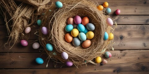 Obraz premium Colorful Easter eggs placed in a nest made of dried hay on a rustic wooden background, natural fiber, eggs, nesting