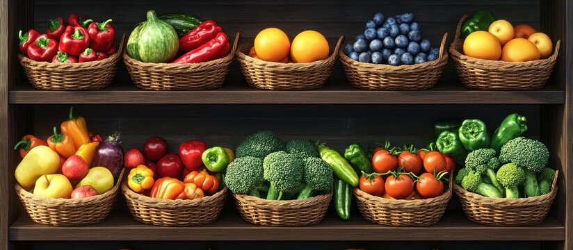 Vibrant Fresh Produce in Rustic Baskets on Wooden Shelves