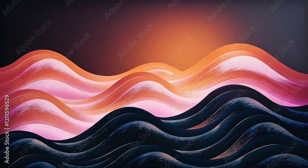 Poster abstract wavy background in orange and dark colors. 3d illustration of bright orange waves, futurist