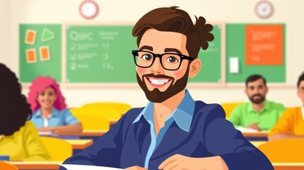 Cartoon classroom scene, smiling male teacher with beard and glasses, blue shirt, colorful background