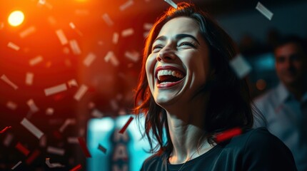 vibrant portrait, joyful woman laughing, cinematic lighting, orange sun flare, dark hair, urban night time