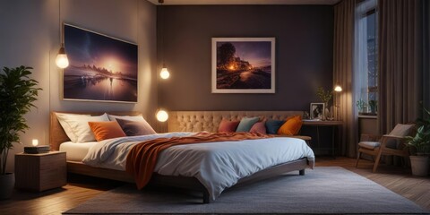 Cozy reading area in a spacious and luxurious bedroom at night, bedroom, sophisticated, serenity