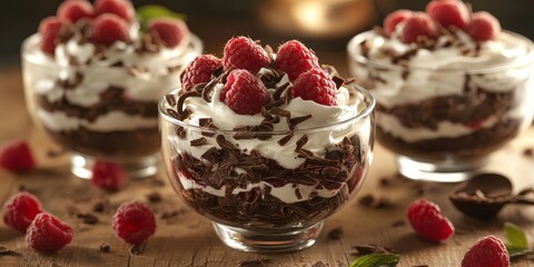 Delicious chocolate raspberry dessert in glass bowls.