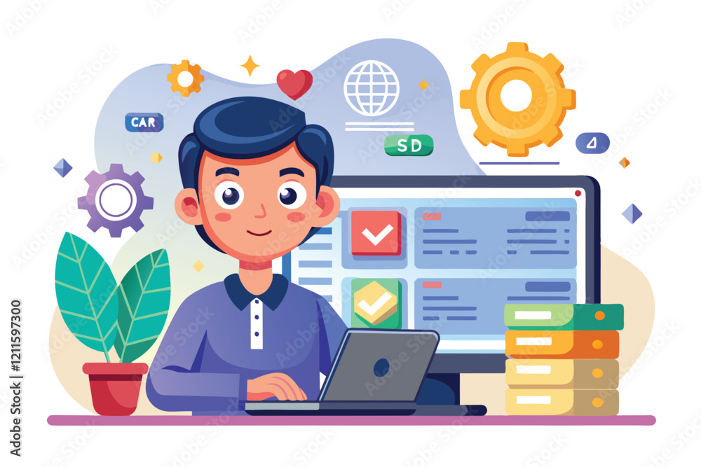 Poster a cartoon character is actively working on low code development while customizing a digital interfac