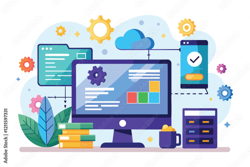 Poster a workspace showcasing low code development tools with coding elements, devices, and greenery, low c