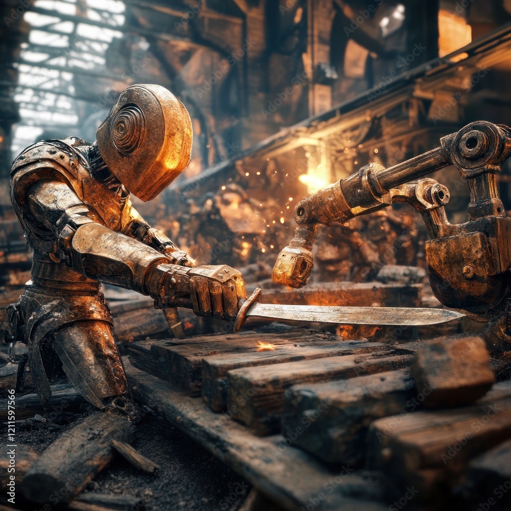 Poster Robot Blacksmith Forging Sword in Industrial Workshop with Sparks and Metallic Details