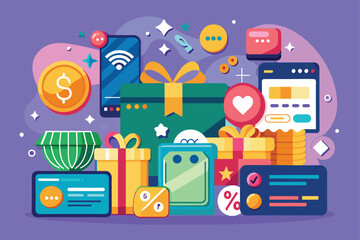 An engaging colorful graphic displaying loyalty programs, cashback bonuses, and various credit cards, Loyalty programs cash back bonuses credit cards discounts