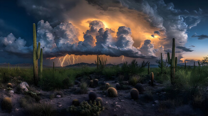 Majestic Desert Storm: A breathtaking sunset over the Sonoran Desert with dramatic lightning and towering cacti