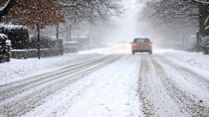 Winter Storm: Snowy Road and Car Driving in Blizzard. Cold Season Landscape Photography