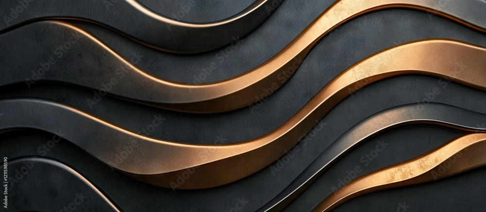 Leinwandbilder Dynamic steel curved lines in gold and bronze on a black background create a modern abstract composition with intricate depth and detail.