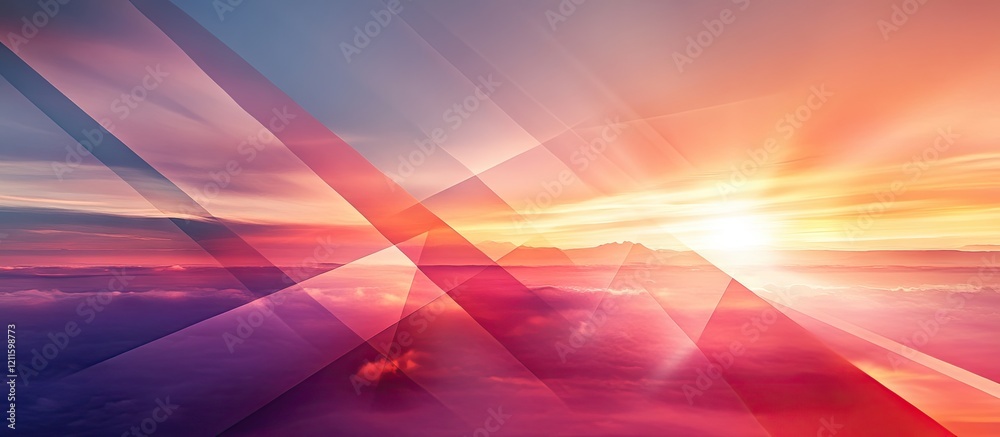 Fototapete vibrant sunset with orange and pink hues radiating through abstract geometric shapes in the foregrou