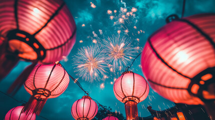 Fireworks display, with glowing lanterns as a backdrop