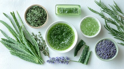 Herbal ingredients spread on a table showcasing natural skincare components and their vibrant colors and textures