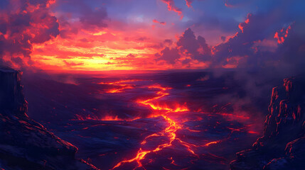 Fototapeta premium Fiery Sunset over a Lava Landscape: A Dramatic Volcanic Scene