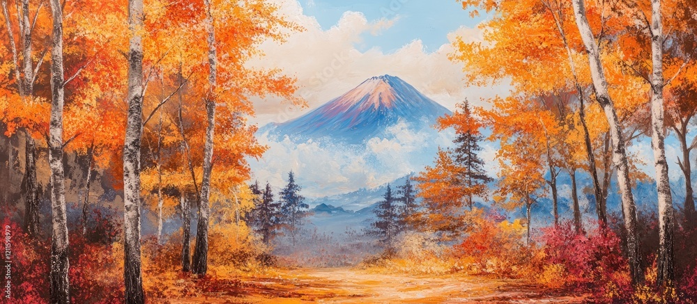 Poster vibrant autumn trees in shades of orange and yellow frame a scenic view of mt fuji under a bright bl