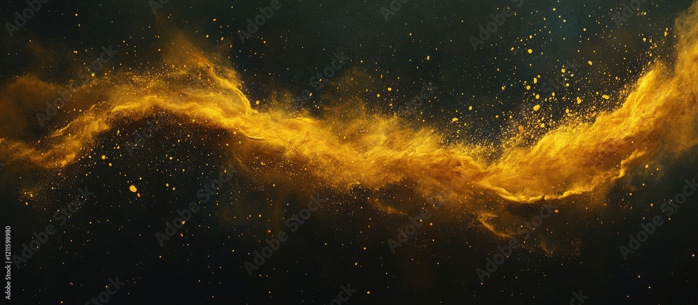 Poster Vivid yellow powder swirl against a dark background creating dynamic visual movement and texture highlighting energy and vibrancy of the explosion.