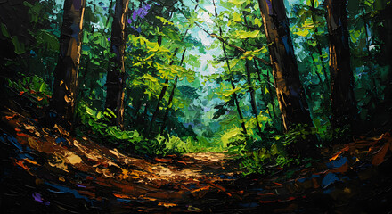 Obraz premium A dreamlike scene of a forest with glowing lights and a winding path.