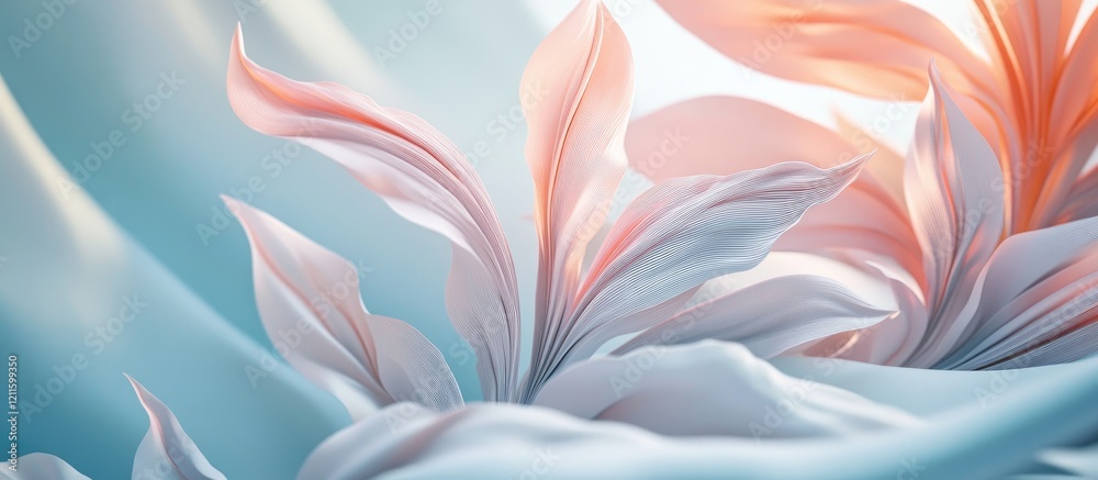 Aufkleber Minimalist mockup of a 3D product with soft pastel palm leaf design and fluid paper background in serene blue and pink tones, elegantly displayed.