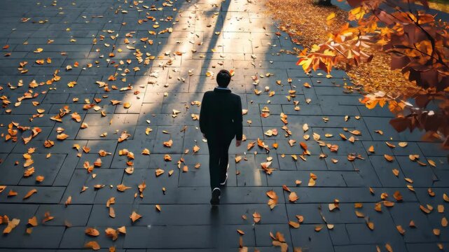 A Solitary Walk Through Autumn: A single figure in a suit strides across a pathway strewn with fallen leaves, bathed in the golden light of the setting sun.