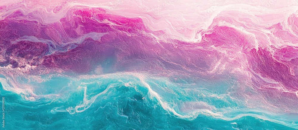 Poster aerial view of vibrant turquoise and pink waves in water showcasing an enchanting blend of colors an