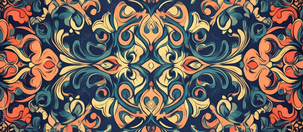 Poster intricate byzantine patterns in vibrant orange, teal, and navy blue, symmetrical design with swirlin