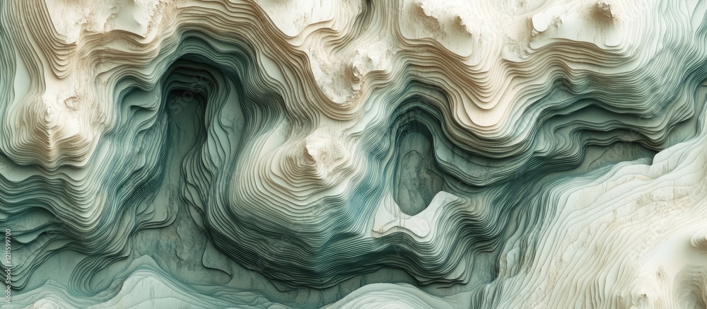 Leinwandbilder abstract layered landscape design in shades of teal, beige, and cream with flowing lines creating a 