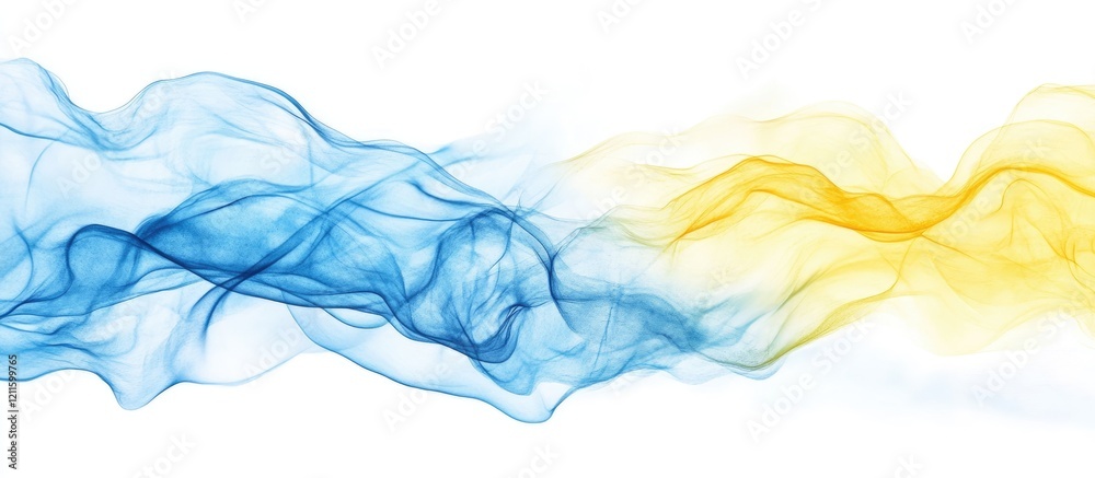 Poster abstract swirling blue and yellow smoke on a white background with fluid motion emphasizing waves, c