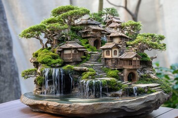 Fototapeta premium Miniature Asian village landscape with waterfalls, bonsai trees, and moss-covered rocks on a stone base.