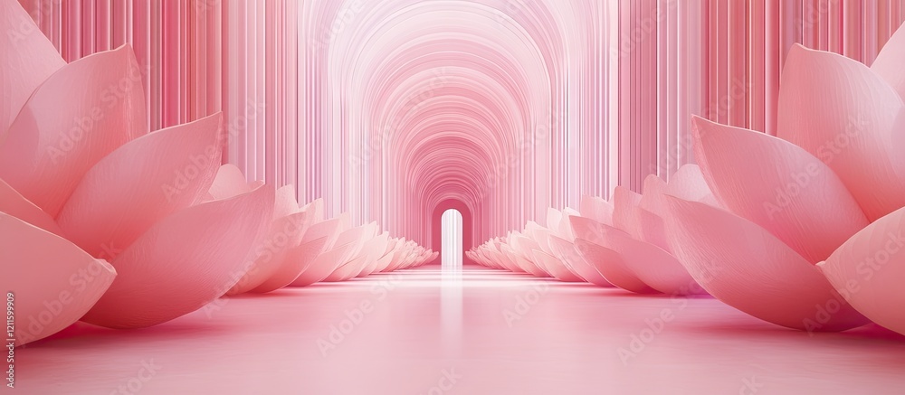 Poster abstract modern interior featuring a lotus pink corridor and flower shapes leading to a distant arch