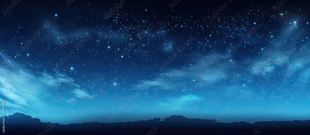 Aufkleber panoramic view of a serene blue night sky with twinkling stars and wispy clouds, blending deep blues