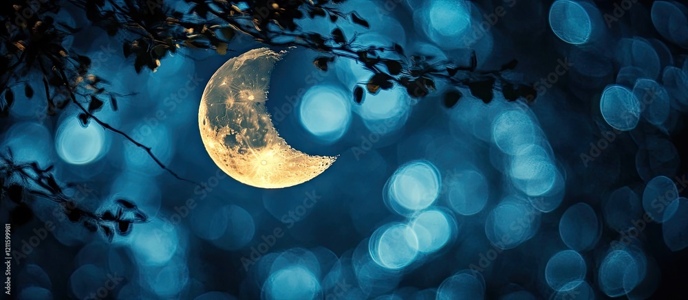 Poster Crescent moon shines softly in the night sky amidst bright and soft blue bokeh creating an enchanting celestial atmosphere with dark foliage framing the scene.