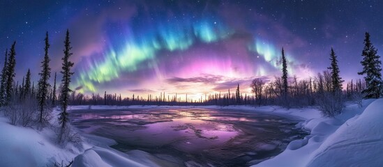 Vibrant aurora borealis illuminating a tranquil frozen lake surrounded by dark silhouettes of trees under a starry night sky in vivid colors