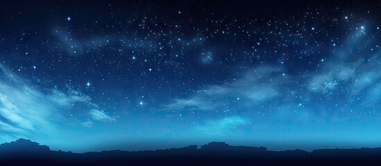 Panoramic view of a serene blue night sky with twinkling stars and wispy clouds, blending deep blues and soft gradients, ideal for backgrounds.