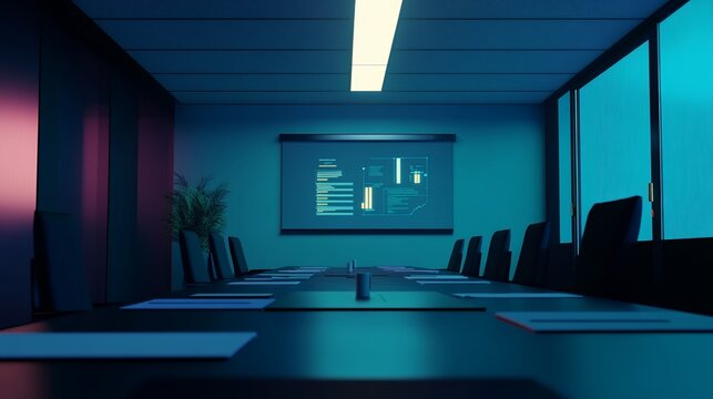 Empty conference room with a large monitor displaying business data and presentation