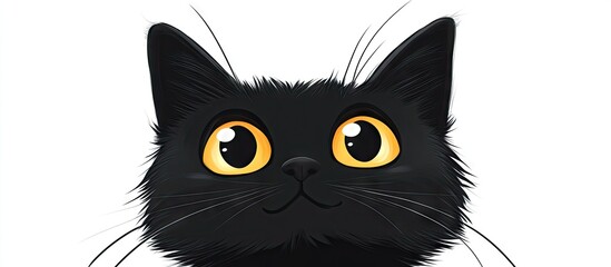 Intriguing black cat with wide open golden eyes against a white background, displaying a captivating expression and attention-grabbing appearance.