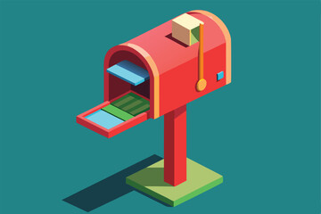 A vibrant, customizable isometric mailbox features colorful mail inside, inviting nearby residents to check for letters, Mailbox Customizable Isometric Illustration
