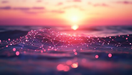 Sunset ocean wave with glowing network connection.