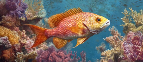 Naklejka premium Vibrant underwater scene featuring an orange bump head snapper swimming left among colorful coral reef with a clear blue background showcasing marine life