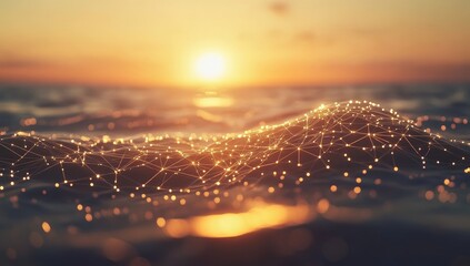 Sunset ocean waves with glowing network connection.