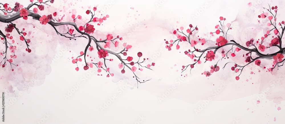 Poster Delicate cherry blossom branches with pink flowers on a soft white textured background creating a serene and artistic backdrop design.