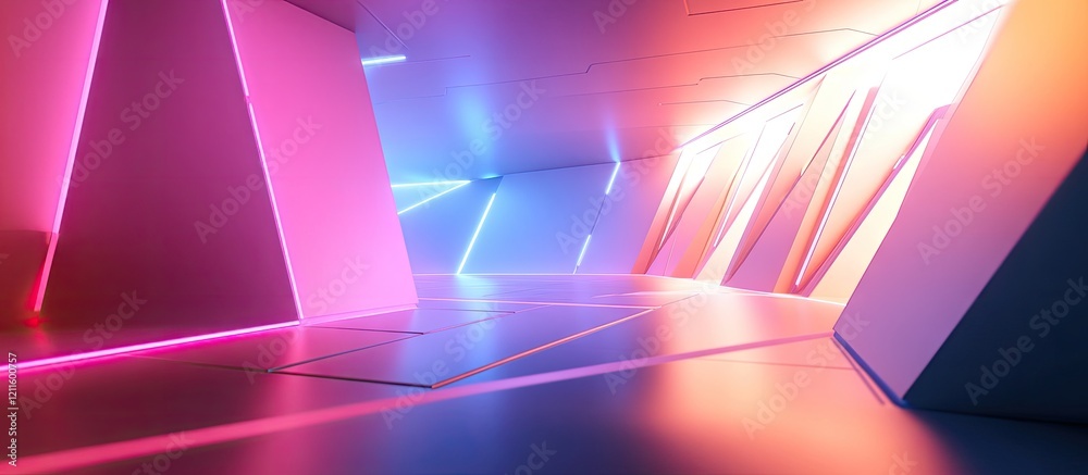 Fototapete futuristic neon corridor with pink and blue geometric shapes illuminated by dynamic lights creating 