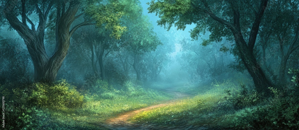 Aufkleber Misty forest path at dawn with soft green foliage and subtle sunlight illuminating the winding trail in the serene blue atmosphere.