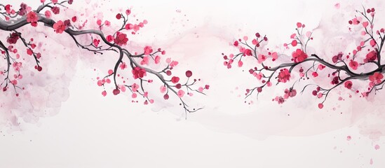 Delicate cherry blossom branches with pink flowers on a soft white textured background creating a serene and artistic backdrop design.
