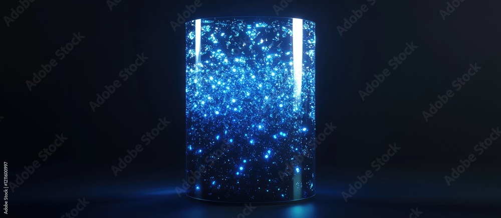 Poster abstract glowing cylindrical object with blue light leaks and shimmering particles against a dark ba