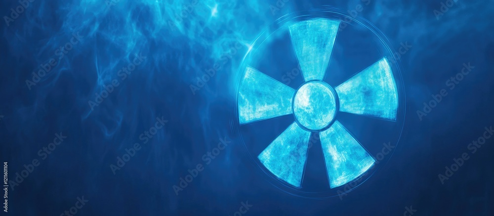 Aufkleber radiation symbol in cyan blue against a bright blue smoky background creating a striking visual cont