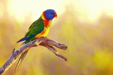 Obraz premium A colorful rainbow lorikeet perched on a branch, its plumage gleaming under the morning sunlight.